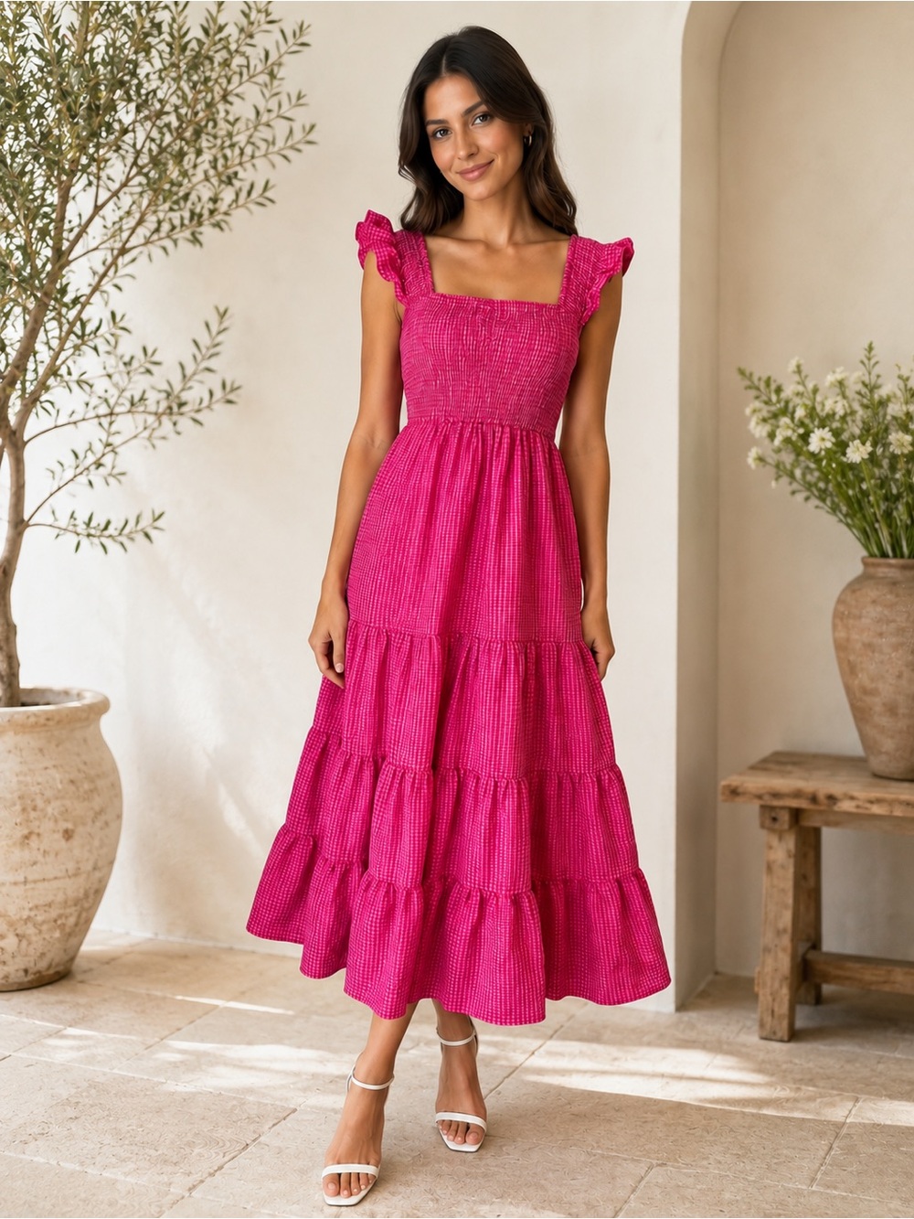New Ivy City Hailey Pink gingham Smocked bodice layered dress Sz XS/S